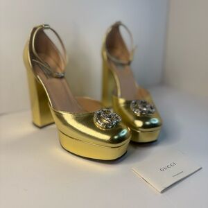 Authentic. New in Box. Gucci Double G Rhinestone logo Platform block Heels. Sz 8